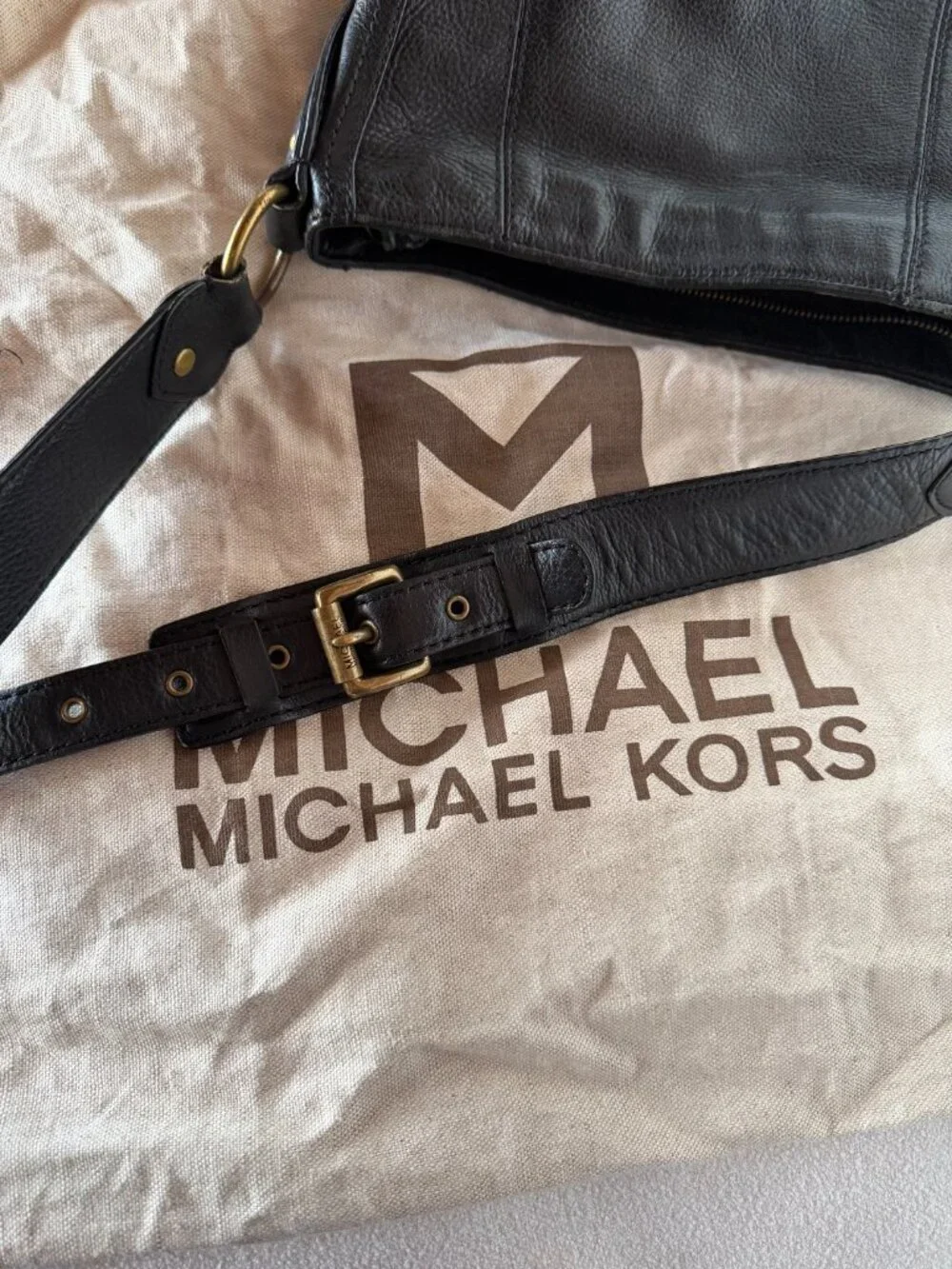 Michael Kors Black Pebbled Leather Crossbody Shoulder Bag Brass Hardware